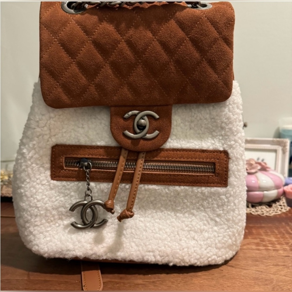 Mini backpack, white sherpa, brown leather. New. Designer inspired.